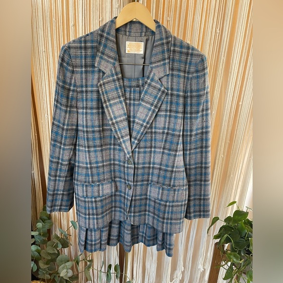 Pendleton Dresses & Skirts - vintage Pendleton wool blazer & pleated skirt suit set in blue & gray plaid